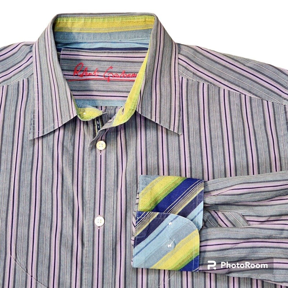 Robert Graham XL‎ Men's Button Shirt Purple Striped Flip Cuff Embroidered